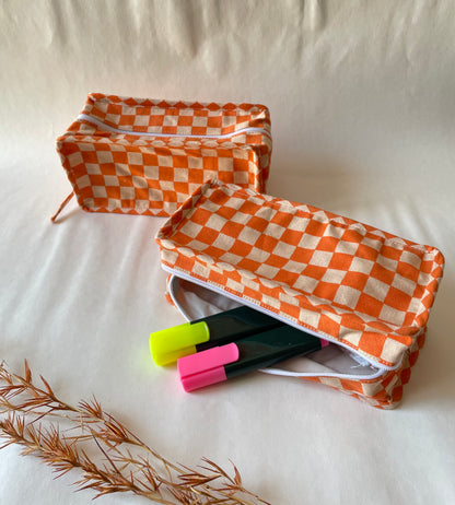 Orange Checkered Cotton Canvas Box Pouch – Compact Storage with a Sharp Edge