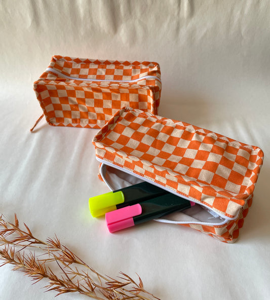 Orange Checkered Cotton Canvas Box Pouch – Compact Storage with a Sharp Edge