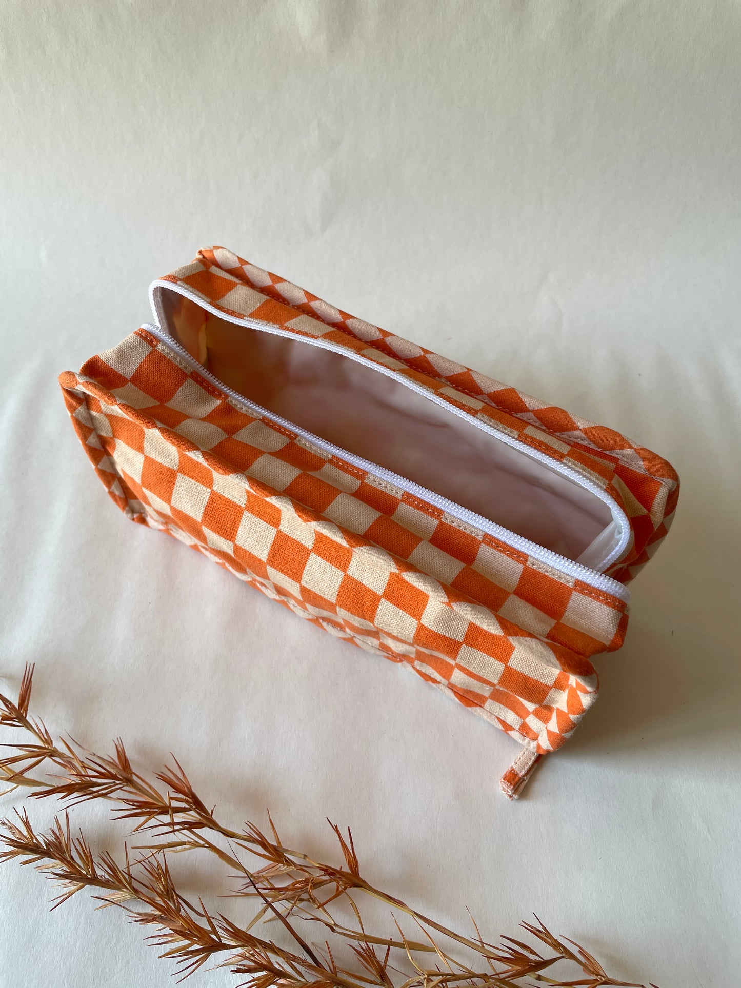 Orange Checkered Cotton Canvas Box Pouch – Compact Storage with a Sharp Edge