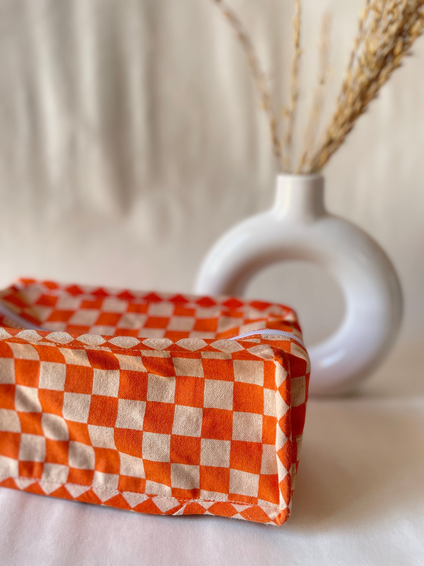 Orange Checkered Cotton Canvas Box Pouch – Compact Storage with a Sharp Edge