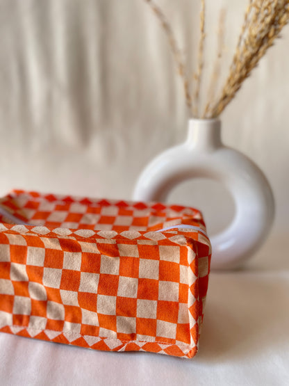 Orange Checkered Cotton Canvas Box Pouch – Compact Storage with a Sharp Edge