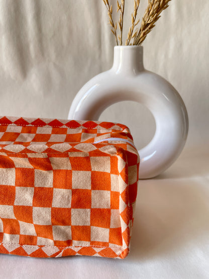 Orange Checkered Cotton Canvas Box Pouch – Compact Storage with a Sharp Edge