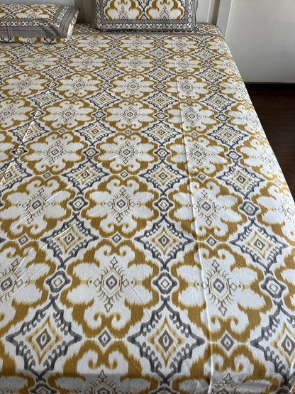Geometric Golden Flower Cotton Queen Size Bedsheet with 2 Pillow Covers (90”*108”)