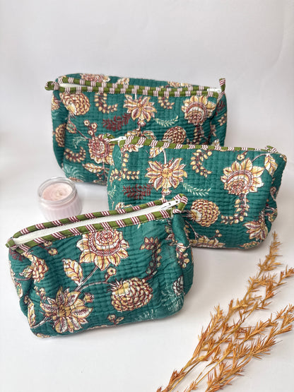 Emerald Bloom Cotton Quilted Pouches (set of 3)