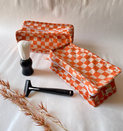 Orange Checkered Cotton Canvas Box Pouch – Compact Storage with a Sharp Edge