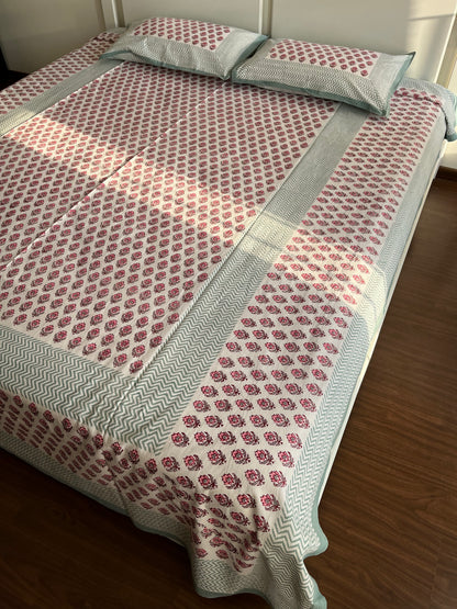 Rajasthani Floral Stripes Sanganeri Queen Sizes Bedsheet with 2 Pillow Covers (90”*108”)