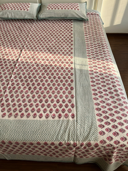 Rajasthani Floral Stripes Sanganeri Queen Sizes Bedsheet with 2 Pillow Covers (90”*108”)