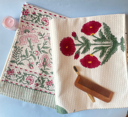 Azure Blossom HandBlock Premium Cotton Waffle Bath Towel