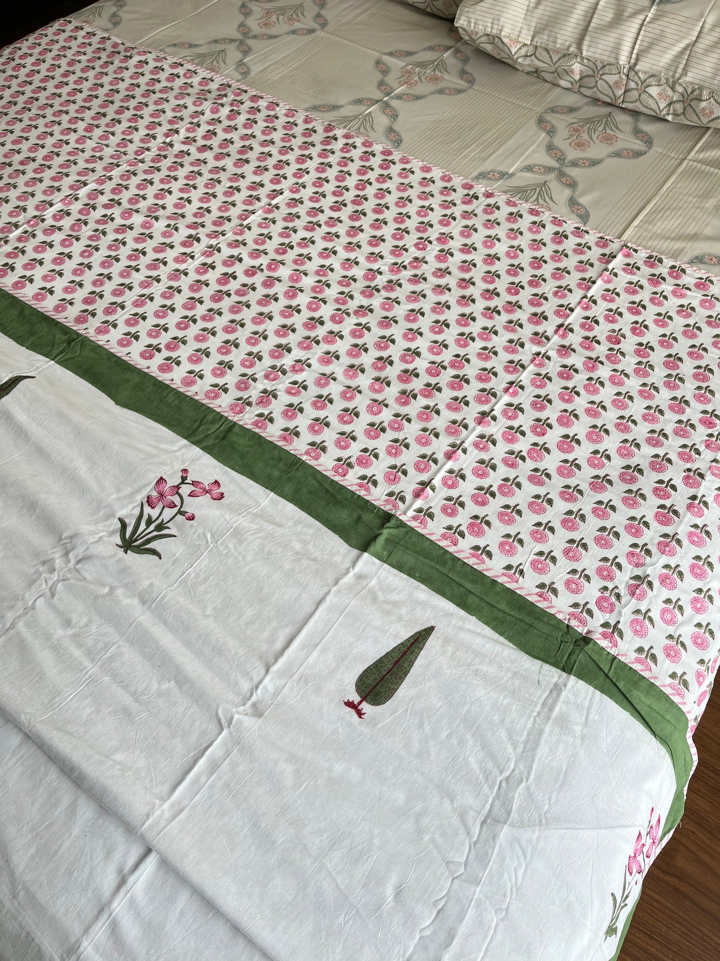 Green Floral Design Handblock Double Dohar (90”*108”)