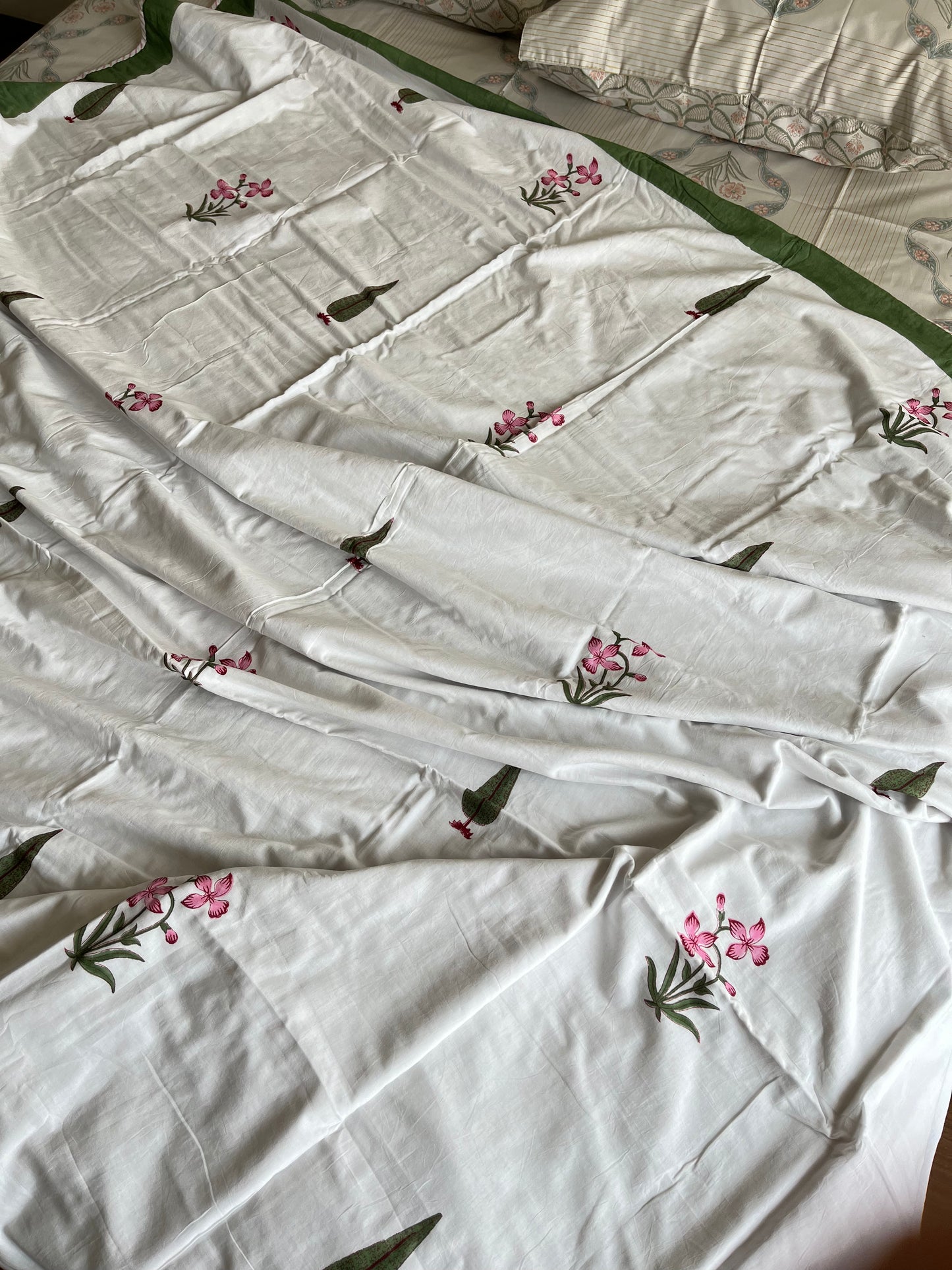 Green Floral Design Handblock Double Dohar (90”*108”)