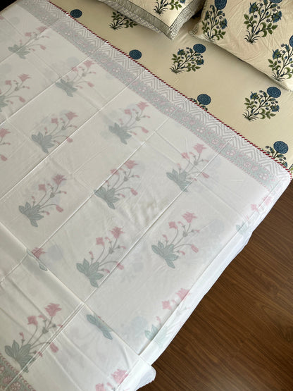 Pastel Floral Handblock 3D Mulmul Double Bed Dohar (90”*108”)