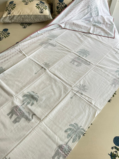 Palm & Elephant Dream Handblock 3D Mulmul Double Bed Dohar (90”*108”)