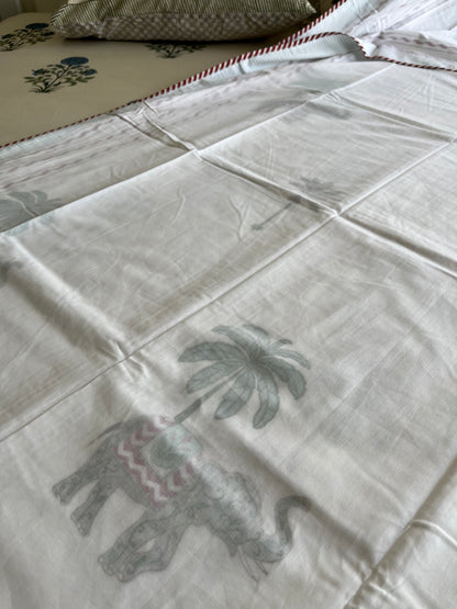Palm & Elephant Dream Handblock 3D Mulmul Double Bed Dohar (90”*108”)