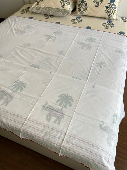 Palm & Elephant Dream Handblock 3D Mulmul Double Bed Dohar (90”*108”)