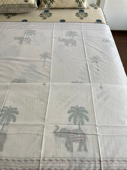 Palm & Elephant Dream Handblock 3D Mulmul Double Bed Dohar (90”*108”)
