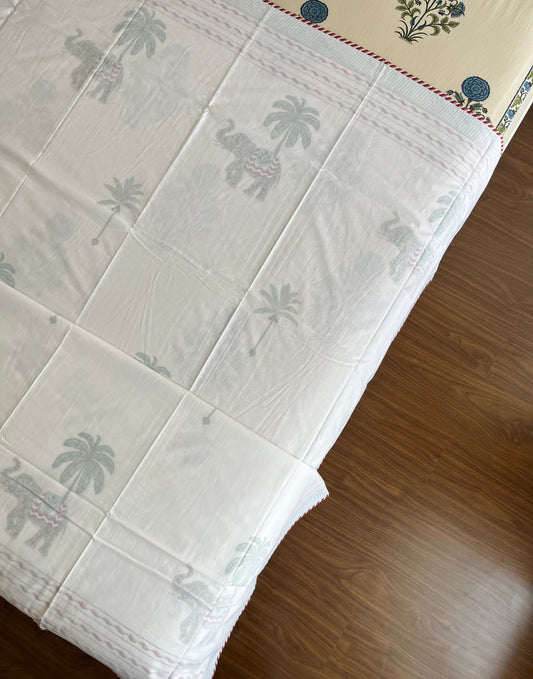 Palm & Elephant Dream Handblock 3D Mulmul Double Bed Dohar (90”*108”)