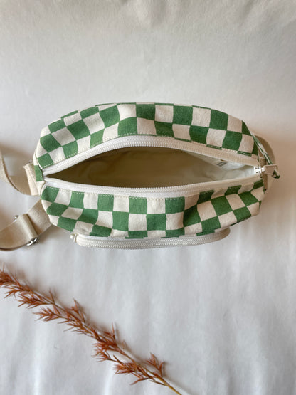 Green Checkered Cotton Canvas Multi-pocket Crossbody Sling – Travel Light, Stay Stylish
