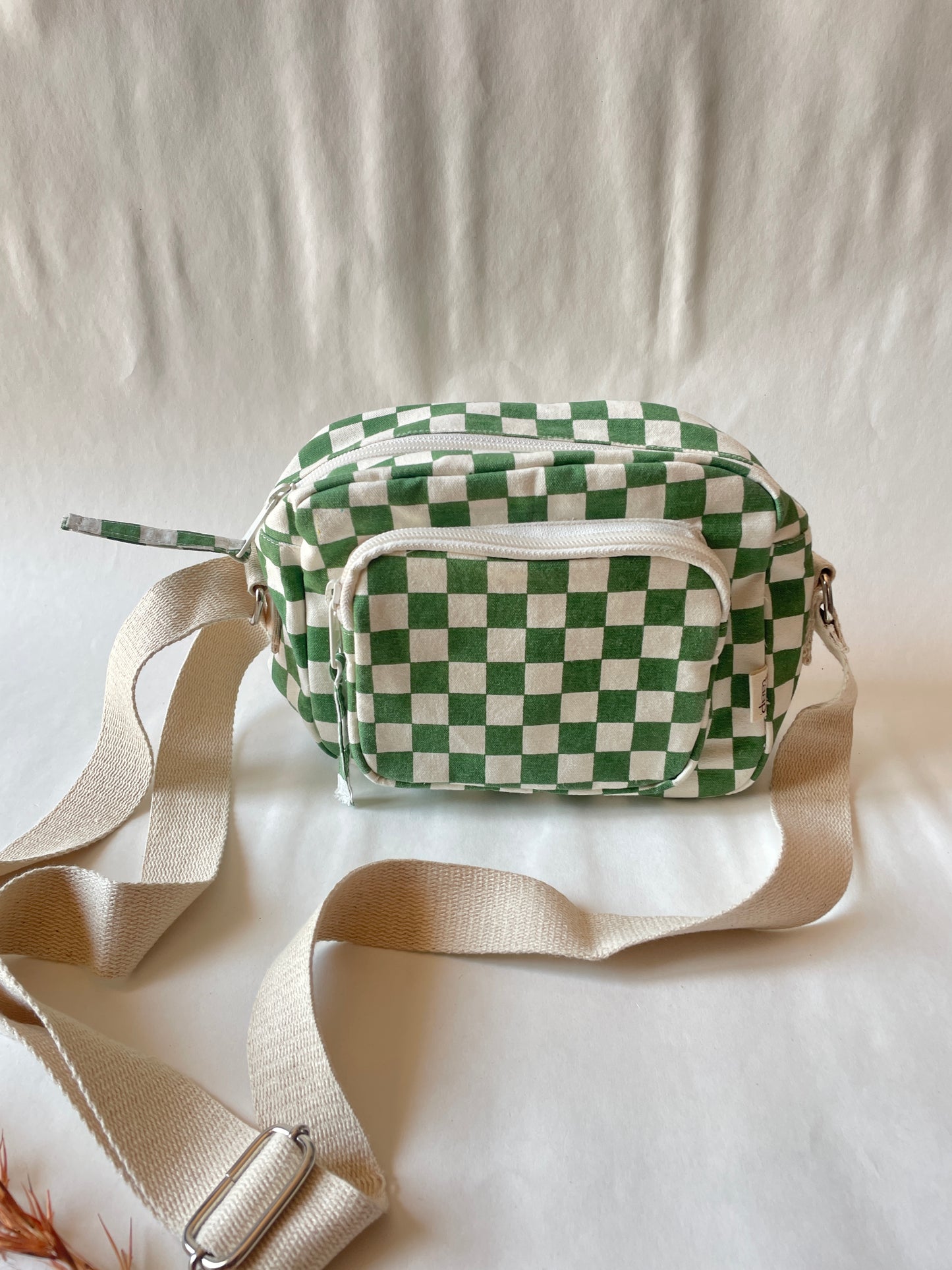 Green Checkered Cotton Canvas Multi-pocket Crossbody Sling – Travel Light, Stay Stylish