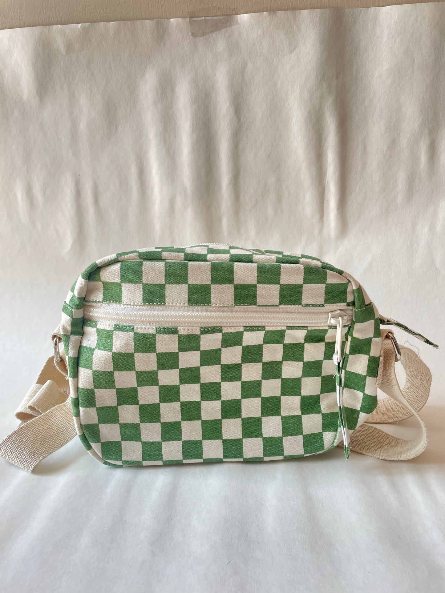 Green Checkered Cotton Canvas Multi-pocket Crossbody Sling – Travel Light, Stay Stylish