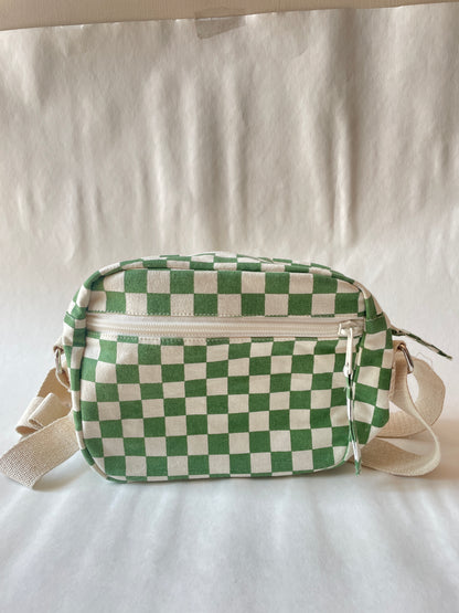 Green Checkered Cotton Canvas Multi-pocket Crossbody Sling – Travel Light, Stay Stylish