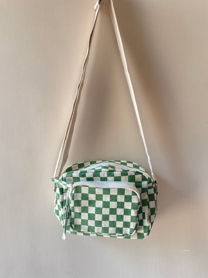 Green Checkered Cotton Canvas Multi-pocket Crossbody Sling – Travel Light, Stay Stylish