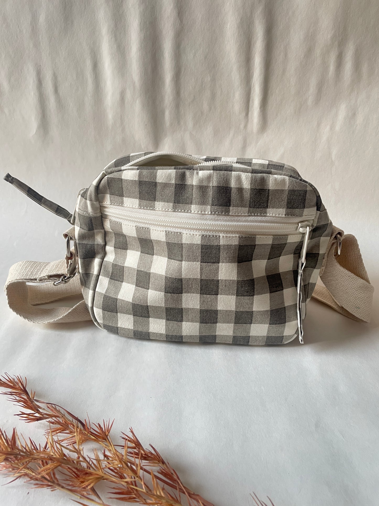 Grey Checkered Cotton Canvas Multi-pocket Crossbody Sling – Travel Light, Stay Stylish