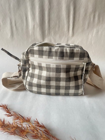 Grey Checkered Cotton Canvas Multi-pocket Crossbody Sling – Travel Light, Stay Stylish