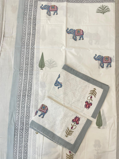 Elephant Garden HandBlock King Size Bedsheet with 2 Pillow Covers (108”*108”)