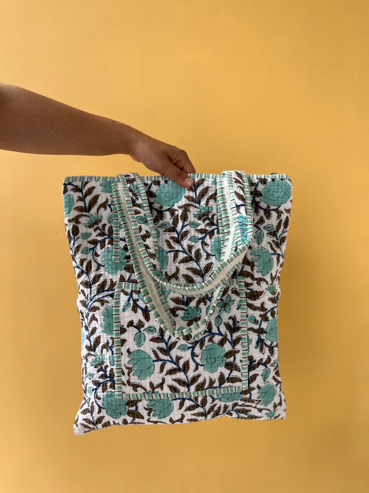 Teal Floral Vertical Cotton Quilted Tote Bag