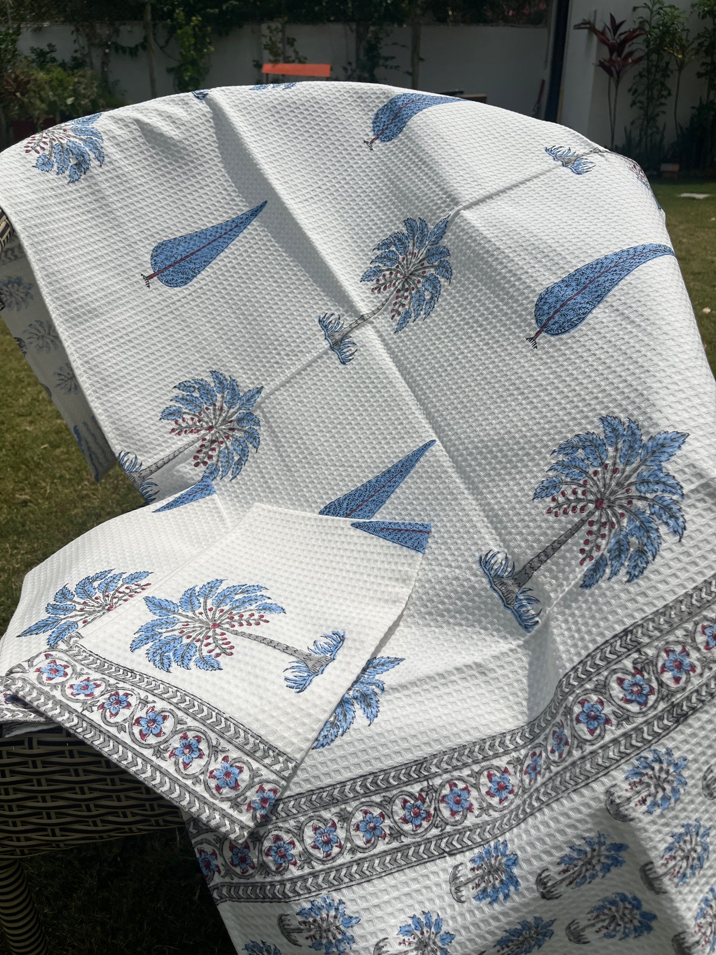 Palm Handblock Cotton Waffle Bath Towe Set ( 1 Bath Towel + 2 Hand Towel)