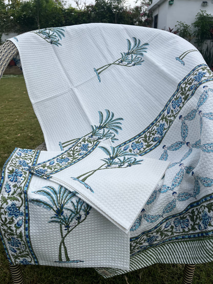 Sanganeri Soak Handblock Cotton Waffle Bath Towe Set ( 1 Bath Towel + 2 Hand Towel)