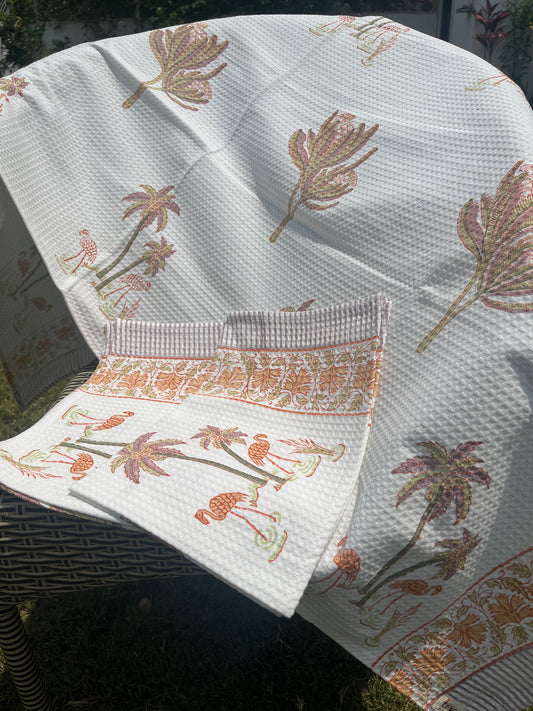 Flamingo Handblock Cotton Waffle Bath Towe Set ( 1 Bath Towel + 2 Hand Towel)