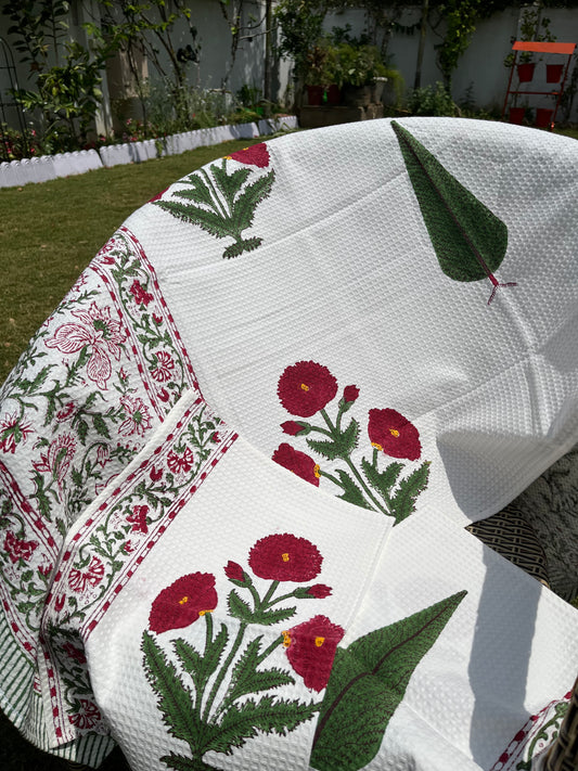Poppy Handblock Cotton Waffle Bath Towe Set ( 1 Bath Towel + 2 Hand Towel)