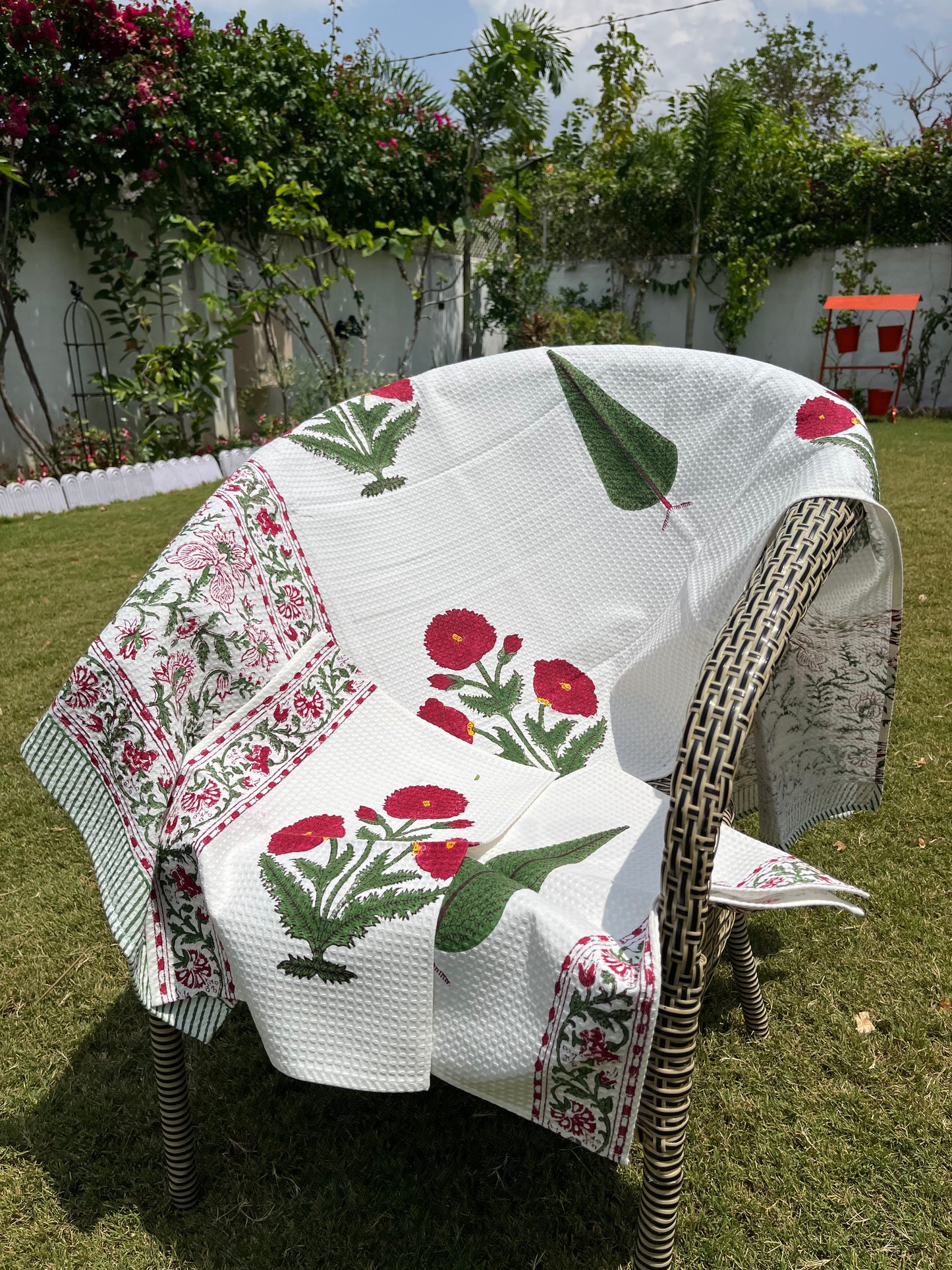 Poppy Handblock Cotton Waffle Bath Towe Set ( 1 Bath Towel + 2 Hand Towel)