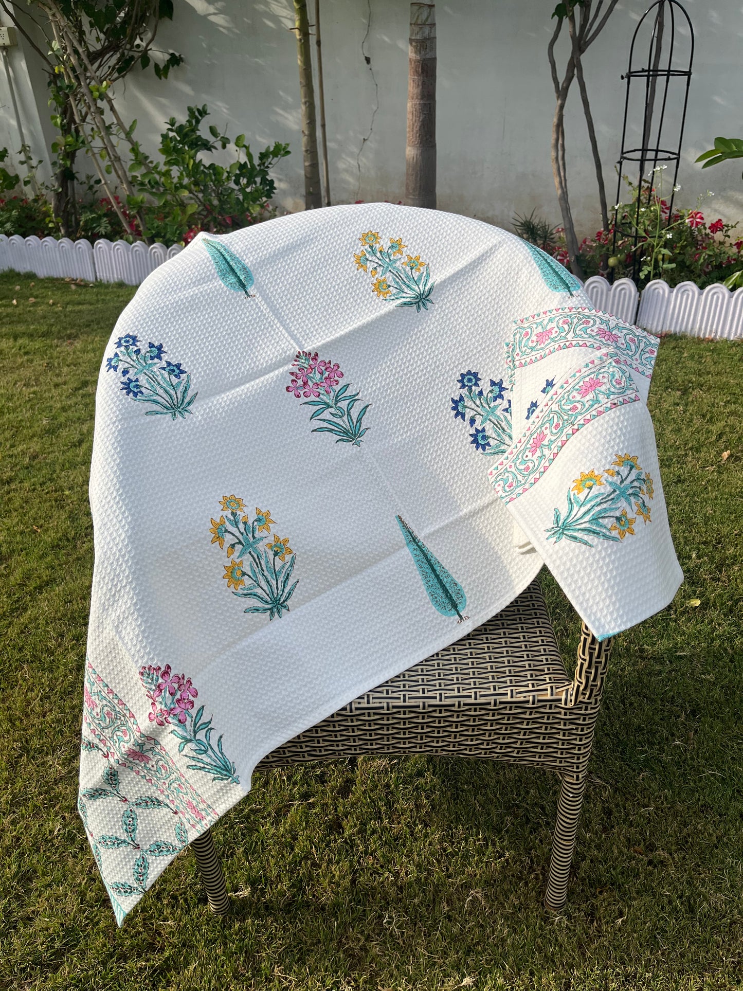 Spring Reverie Handblock Cotton Waffle Bath Towe Set ( 1 Bath Towel + 2 Hand Towel)