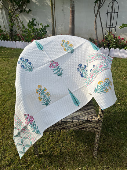 Spring Reverie Handblock Cotton Waffle Bath Towe Set ( 1 Bath Towel + 2 Hand Towel)