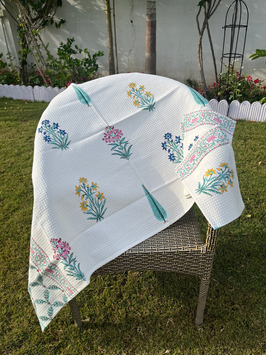 Spring Reverie Handblock Cotton Waffle Bath Towe Set ( 1 Bath Towel + 2 Hand Towel)