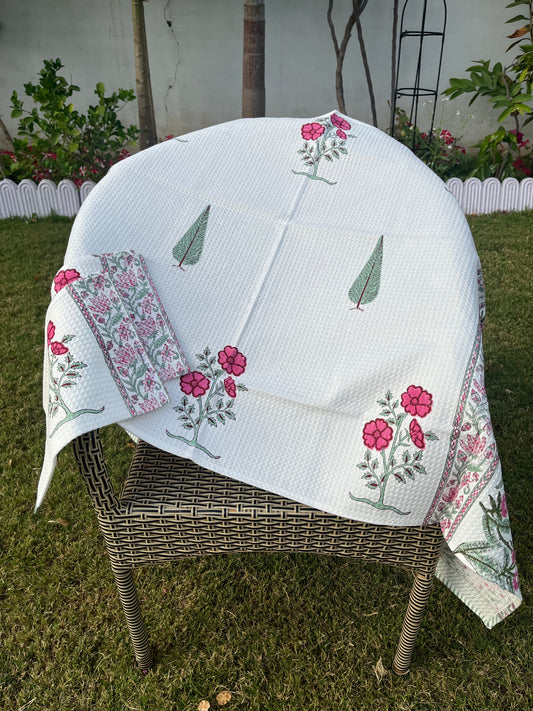 Floral Handblock Cotton Waffle Bath Towe Set ( 1 Bath Towel + 2 Hand Towel)
