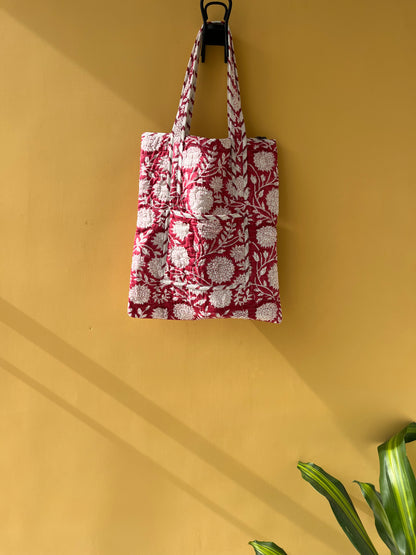 Crimson Floral Vertical Cotton Quilted Tote Bag