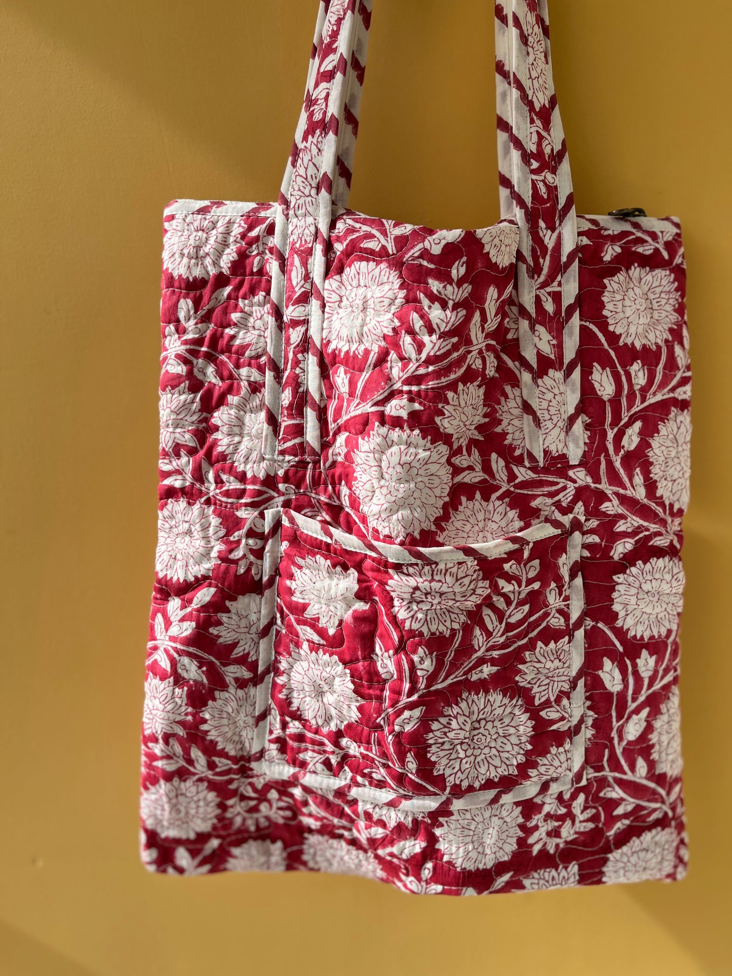 Crimson Floral Vertical Cotton Quilted Tote Bag