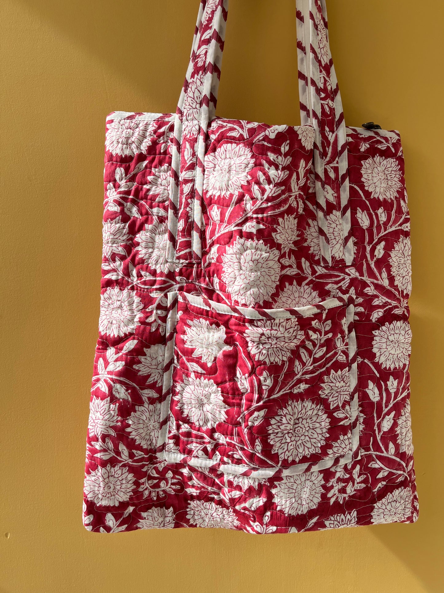 Crimson Floral Vertical Cotton Quilted Tote Bag