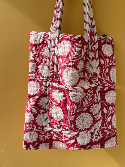 Crimson Floral Vertical Cotton Quilted Tote Bag