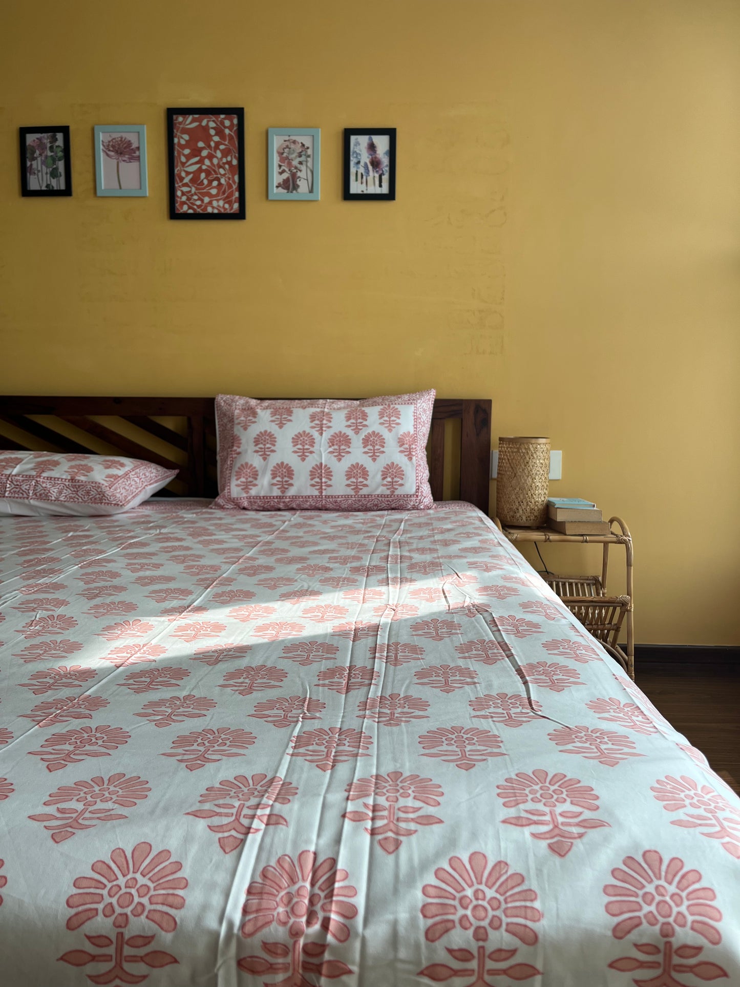 Floral Symphony HandBlock King Size Bedsheet with 2 Pillow Covers (108”*108”)