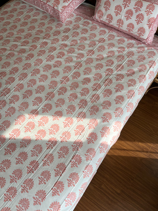 Floral Symphony HandBlock King Size Bedsheet with 2 Pillow Covers (108”*108”)