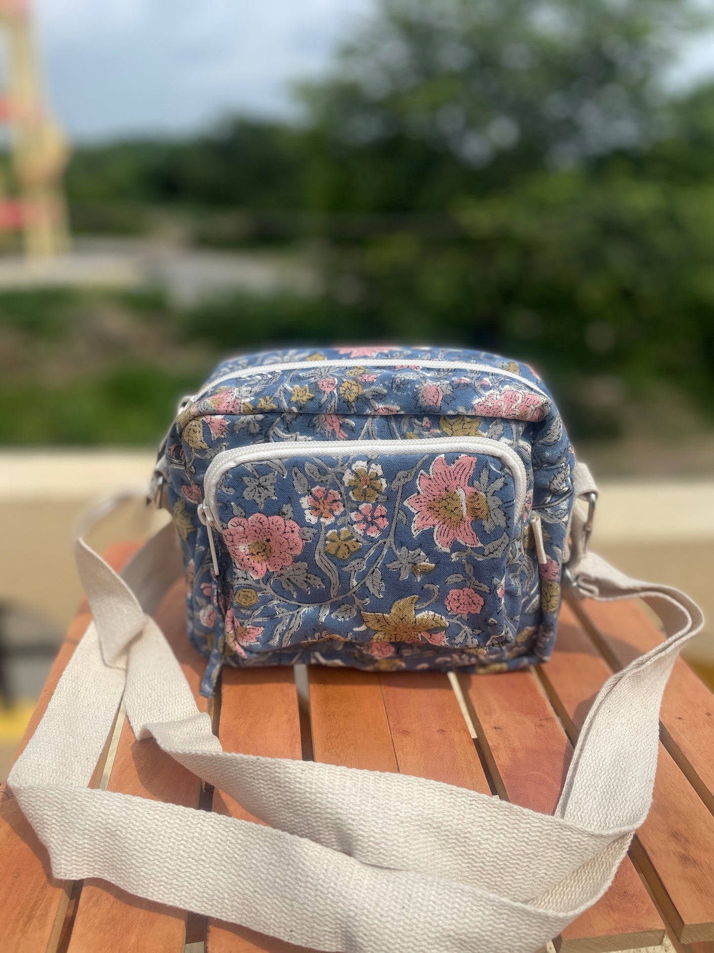 Blue Floral Cotton Canvas Multi-pocket Crossbody Sling – Travel Light, Stay Stylish