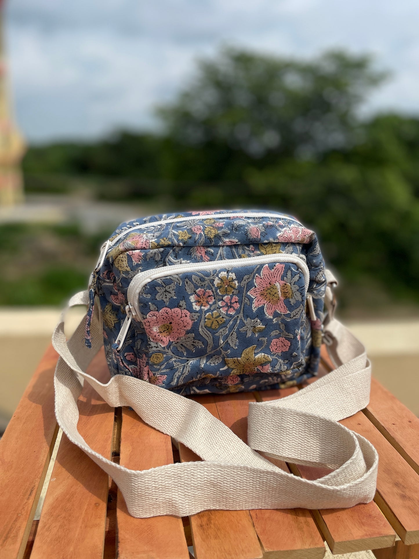 Blue Floral Cotton Canvas Multi-pocket Crossbody Sling – Travel Light, Stay Stylish