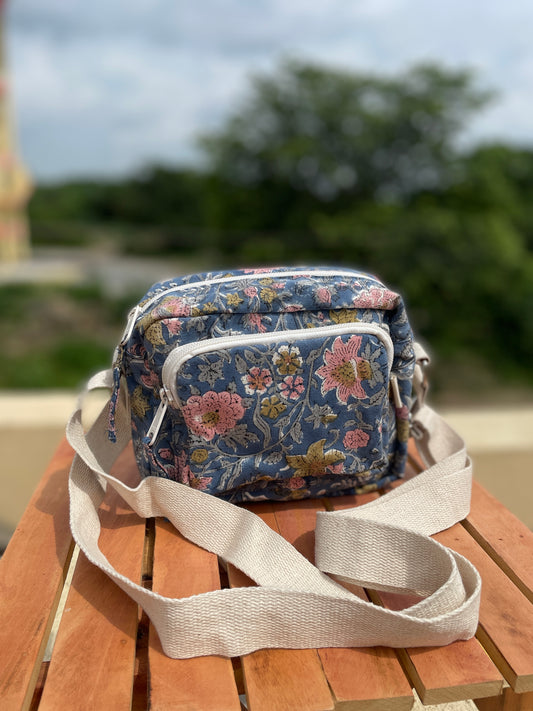 Blue Floral Cotton Canvas Multi-pocket Crossbody Sling – Travel Light, Stay Stylish