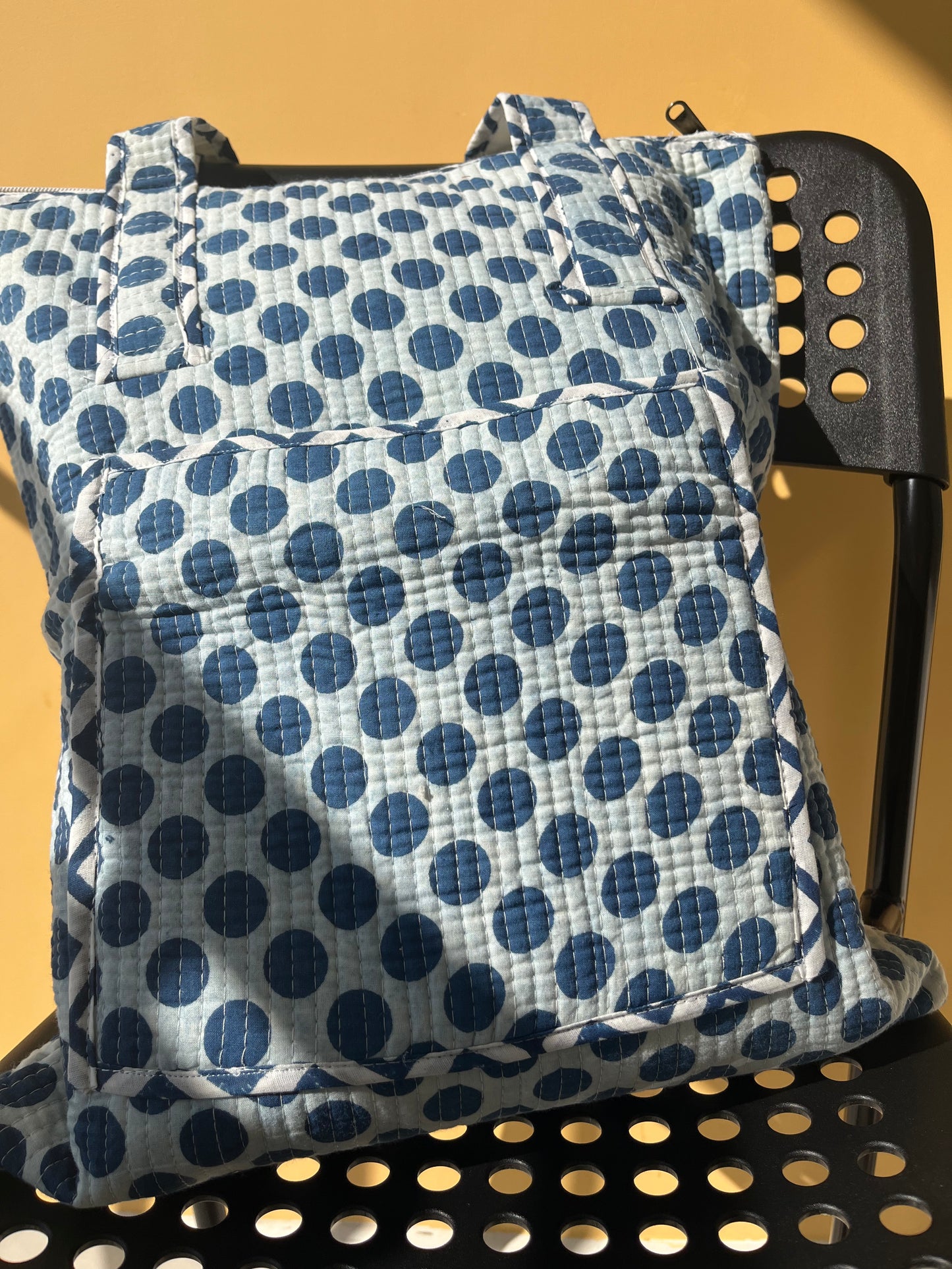 Blue Polka Dot Vertical Cotton Quilted Tote Bag