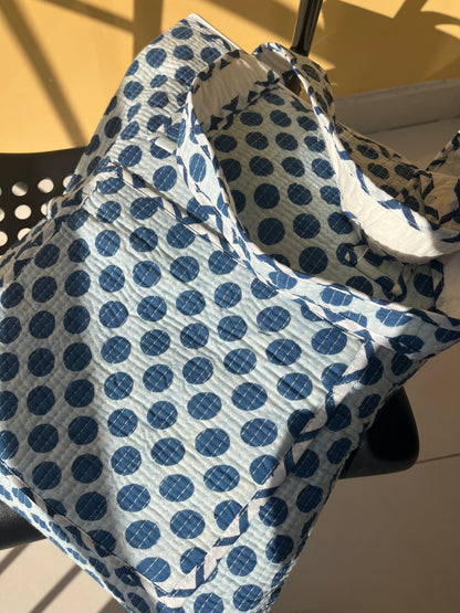 Blue Polka Dot Vertical Cotton Quilted Tote Bag