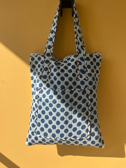 Blue Polka Dot Vertical Cotton Quilted Tote Bag